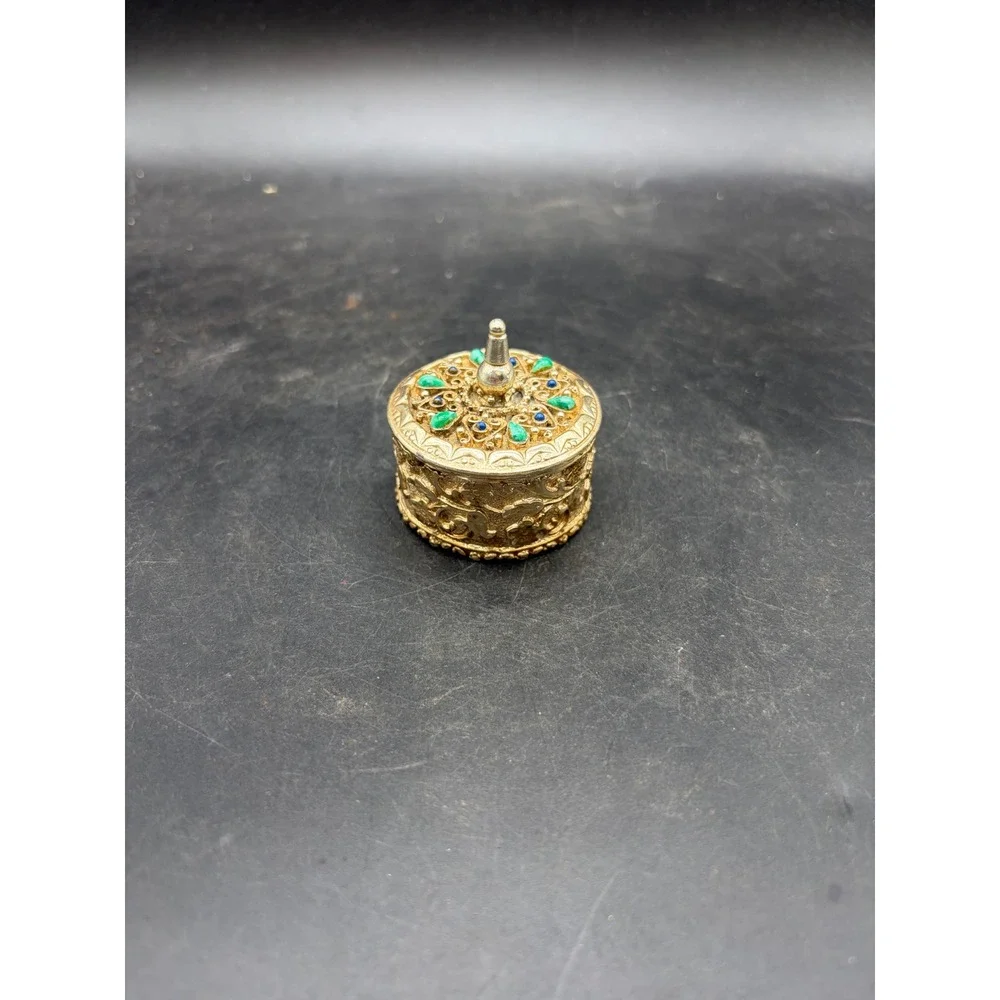 Vintage Florenza Gold Tone Gemstone Box Faux Turquoise Blue Cabochon Filigree